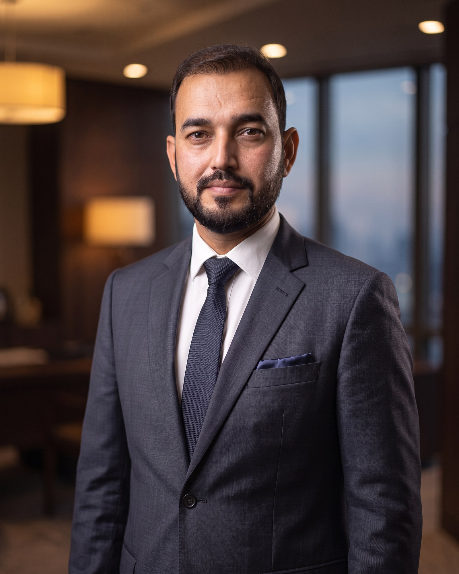 Professional editorial portrait of Engr. Mushtaq Ahmad, CEO & Founder of Precise Realtors & Builders, wearing a charcoal suit, white shirt, and dark navy tie, photographed against a soft, blurred office background.