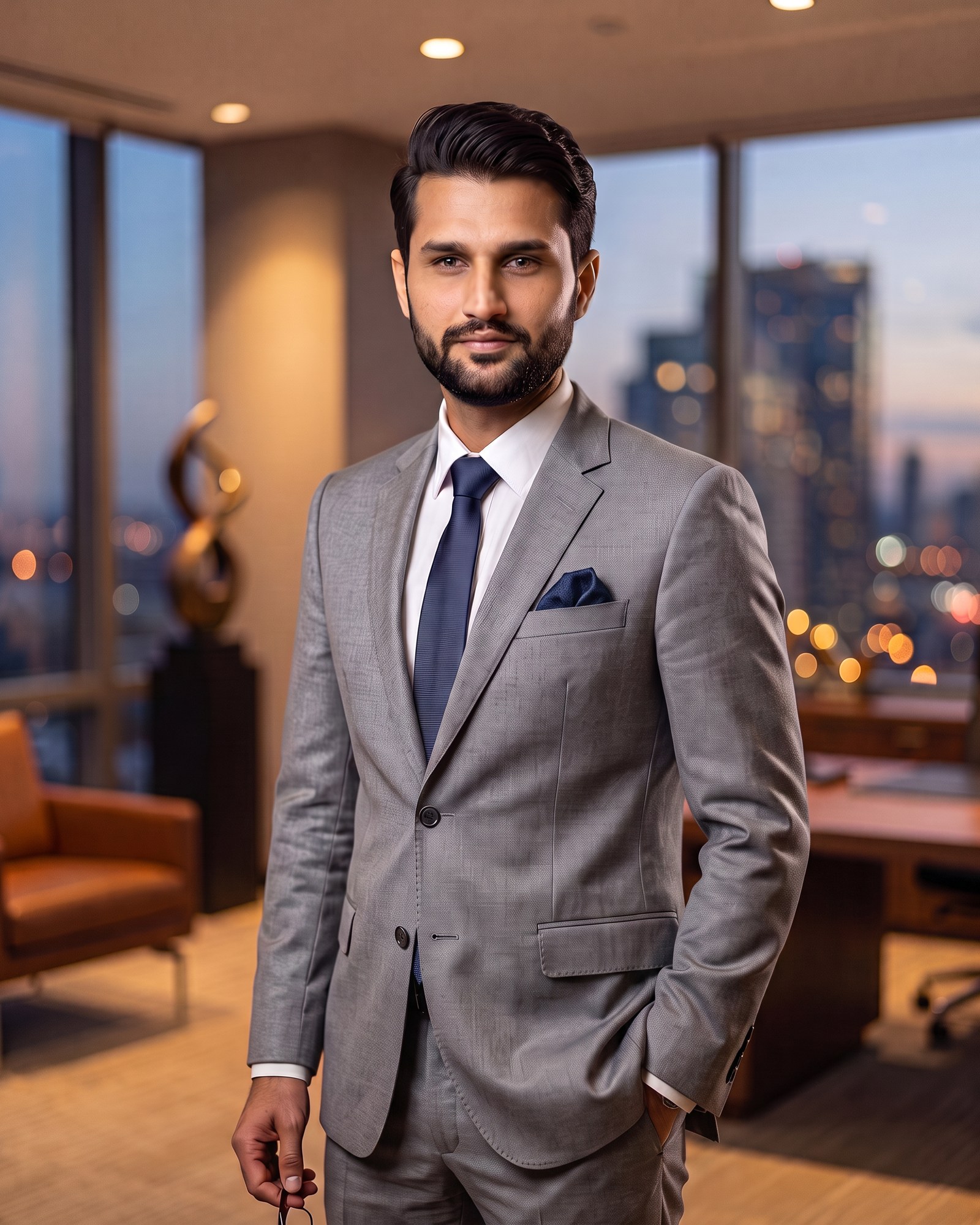 Professional editorial portrait of Engr. Danish Hayat, Head of Engineering & Business Operations at Precise Realtors & Builders, wearing a light grey suit, white shirt, and navy tie, photographed against a soft, blurred office background.