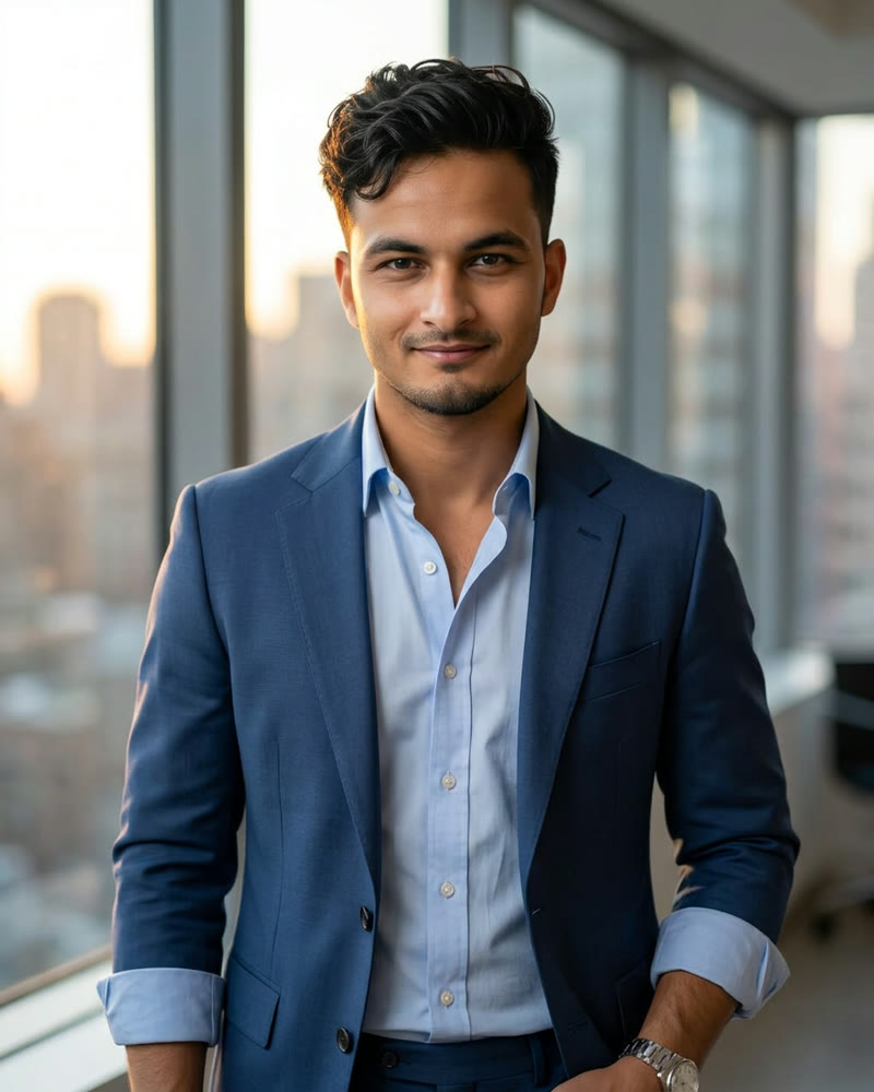 Professional editorial portrait of Saeed ullah, Sales & Client Relations lead at Precise Realtors & Builders, dressed in smart-casual Wall Street sales-executive style — a light blue oxford shirt with an open collar layered under an unbuttoned mid-blue tailored blazer, photographed against a soft, blurred financial-district office background at golden hour.